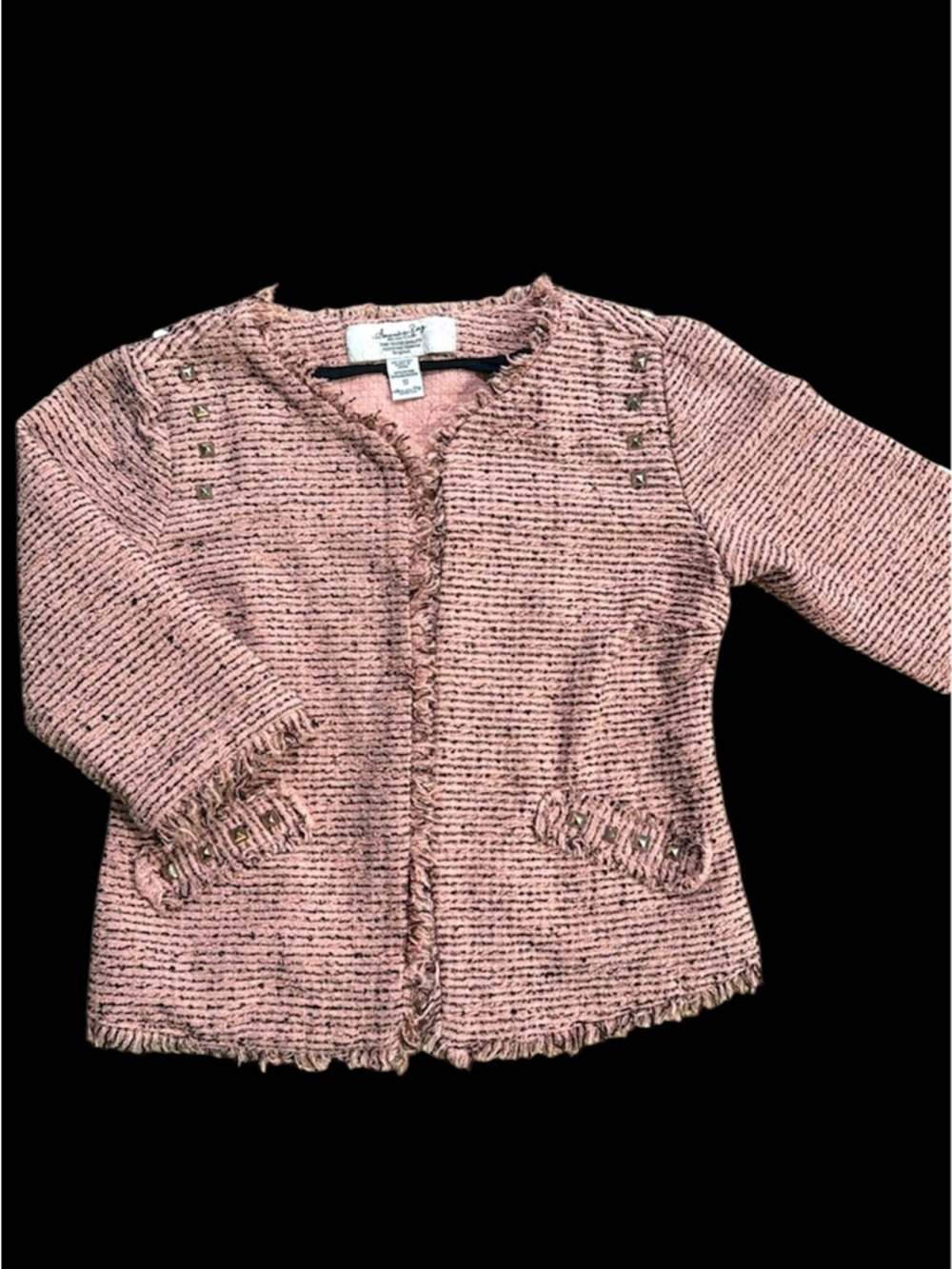 Pink black tweed jacket raw hem metal stud grommets blazer top S
